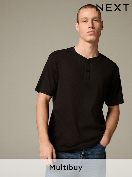 Black Ribbed Textured Grandad Neck T-Shirt (AT3021) | €14