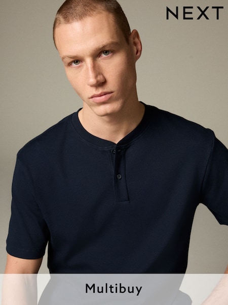 Navy Blue Ribbed Textured Grandad Neck T-Shirt (AT3022) | R$ 115