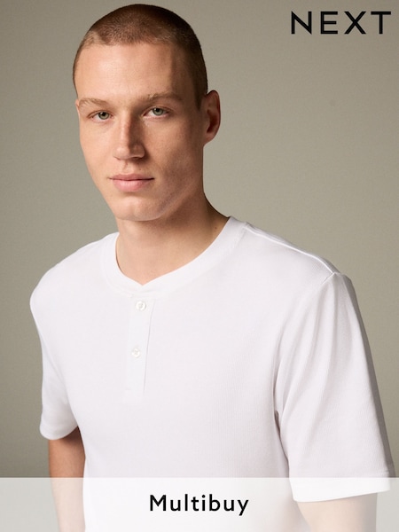 White Ribbed Textured Grandad Neck T-Shirt (AT3024) | €14