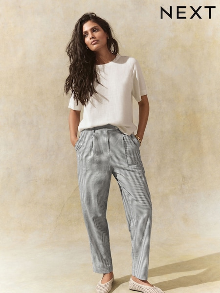 Black/White Gingham Stay Smart Barrel Leg Linen Rich Trousers (AT3073) | €38