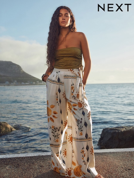 Neutral Sunflower Print Tie Waist Wide Leg Trousers (AT3075) | 1,484 UAH