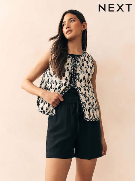 Black Tie Waist Linen Blend Boy Shorts (AT3083) | €20