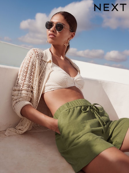 Khaki Green Tie Waist Linen Blend Boy Shorts (AT3093) | €20