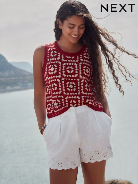 白色 - Scalloped Hem Embroidered Linen Rich Shorts (AT3095) | NT$1,040