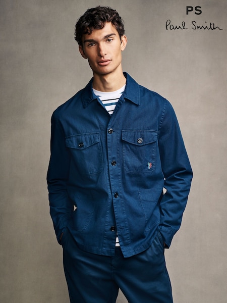 PS Paul Smith Navy Twill Work Zebra Print Logo Shacket (AT3130) | R$ 1,975