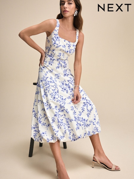 bais/藍色花卉 - Square Neck Puff Hem Midi Dress (AT3196) | HK$731