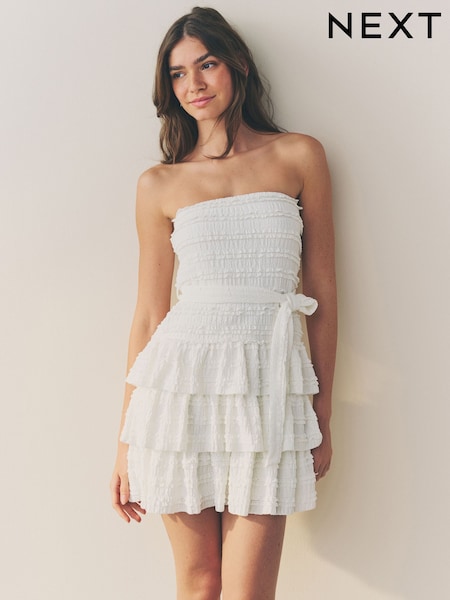 Valkoinen - Bandeau Ruffle Textured Tie Waist Mini Dress (AT3303) | €56