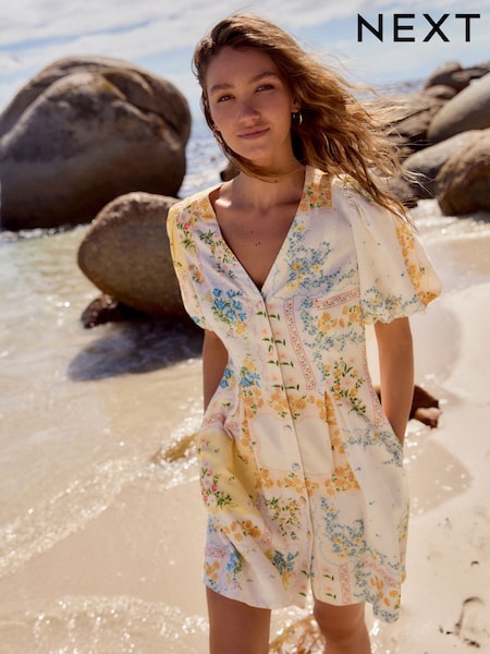 Çiçek - V-neck Puff Sleeve Mini Dress With Linen (AT3307) | ₺1.414