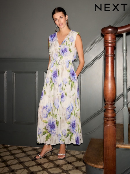 White Purple Blue Floral Shoulder Pad V Neck Tie Waist Plisse Midi Dress (AT3308) | €100
