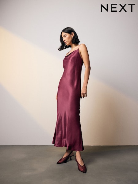 Burgundy Red Satin Cowl Neck Strappy Tie Back Midi Slip Dress (AT3310) | 215 QAR