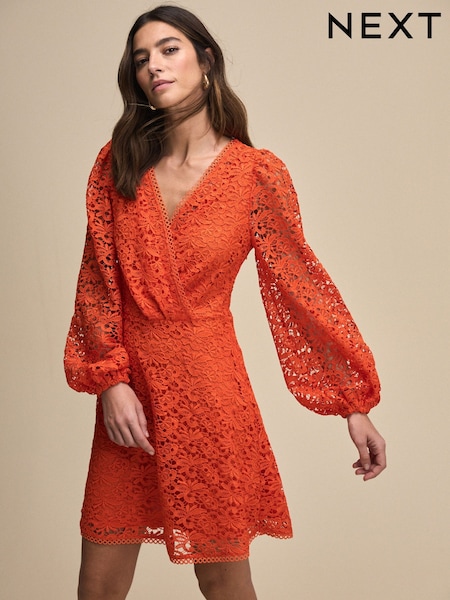 Živo oranžna - Long Sleeve Lace A-Line Mini Dress (AT3311) | € 102