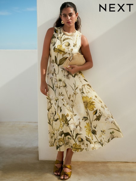 Pastel Yellow Floral Print Sleeveless Column A-Line Maxi Dress (AT3330) | 233 QAR
