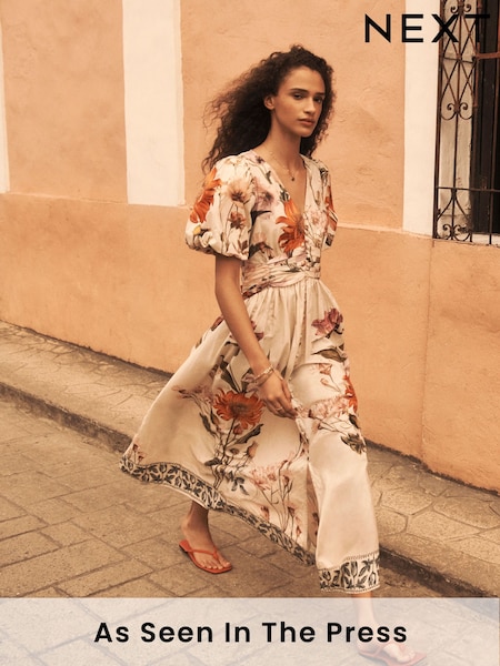 Кремово-бежевый с цветочным принтом - Puff Sleeve Button Down Occasion Maxi 100% Cotton Dress (AT3331) | €83