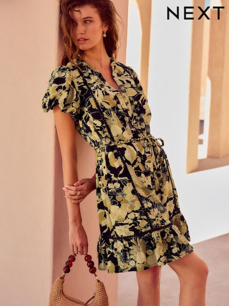 Braun mit Blumenmuster - Button Through Lace Insert Mini Dress With Linen (AT3336) | 59 €