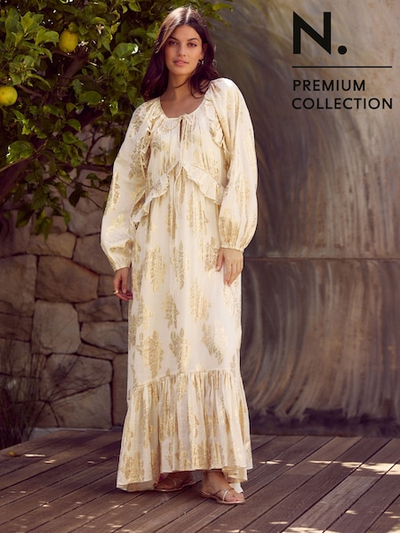 Gold N. Premium Long Sleeve Ruffle Tie Front Maxi Dress (AT3337) | €96