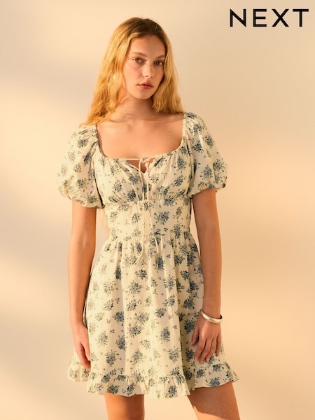 Cream/Ecru Ditsy Floral 100% Cotton Puff Sleeve Milkmaid Mini Dress (AT3345) | €45