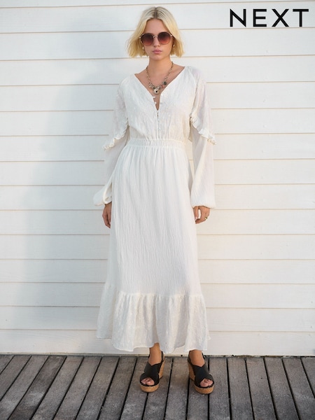 Белый - Long Sleeve Embroidery Midi 100% Cotton Dress (AT3346) | €85