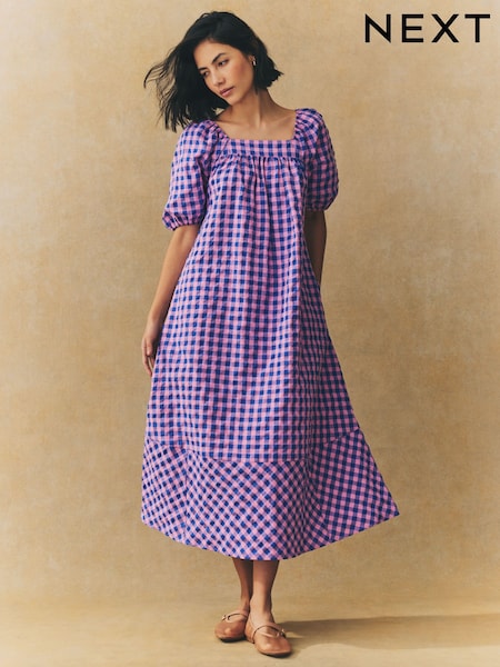 Blue/Pink Gingham Puff Sleeve Square Neck Maxi Dress (AT3347) | €45