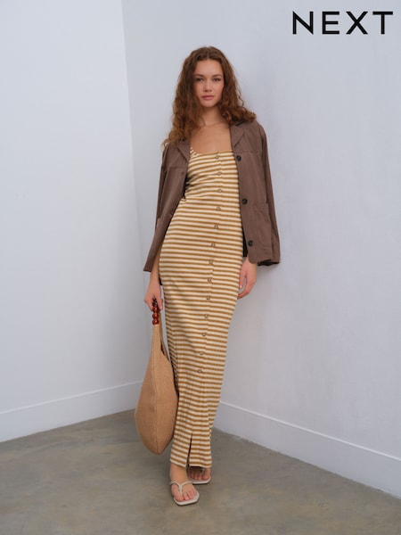Cream/Brown Stripe Square Neck Button Down Rib Column Midi Dress (AT3350) | €37