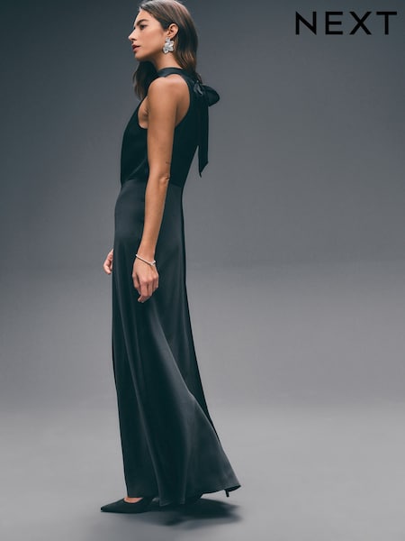 Navy Blue Textured Satin Halter Sleeveless Midi Dress (AT3355) | $83