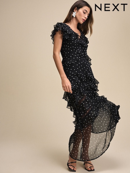 Черный/Белый горошек - Short Sleeve Mesh Ruffle Maxi Dress (AT3357) | €75