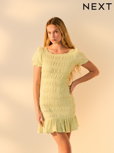 Pastel Green Gingham Shirred Puff Sleeve Mini Dress (AT3361) | €36