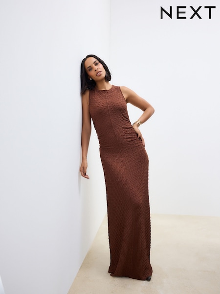 Chocolate Brown Sleeveless Textured Ruched Maxi Dress (AT3362) | €59