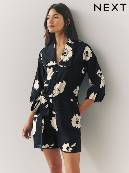 Monocromático de flores - 100% Cotton Tie Waist Puff Sleeve Mini Shirt Playsuit (AT3363) | 58 €