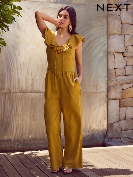 Коричневато-желтый - Ruffled Tie Back Wide Leg Boho 100% Cotton Jumpsuit (AT3365) | €52