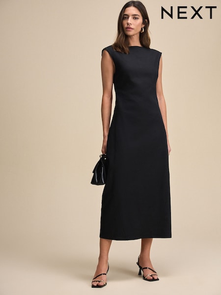 Black Boat Neck Maxi Linen Blend Dress (AT3366) | LEI 383