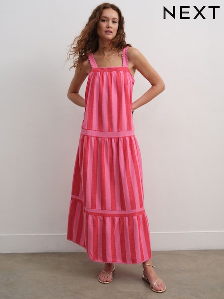 Red/Pink Stripe Square Neck Maxi Dress (AT3369) | KRW102,500