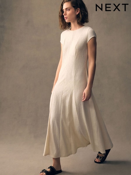 Ecru White Cap Sleeve Jacquard Midi Dress (AT3370) | $62