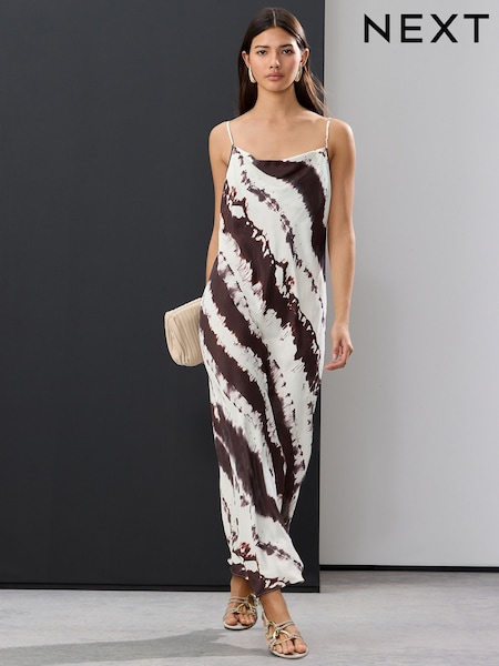Cream/Brown Cow Print - Satin Cowl Neck Strappy Tie Back Midi Slip Dress (AT3376) | ‏174‏₪