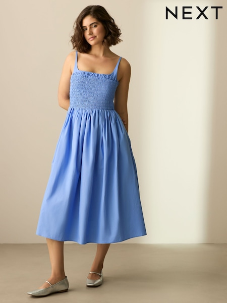 Cornflower Blue Square Neck Shirred Poplin Midi Dress (AT3378) | 2,120 UAH