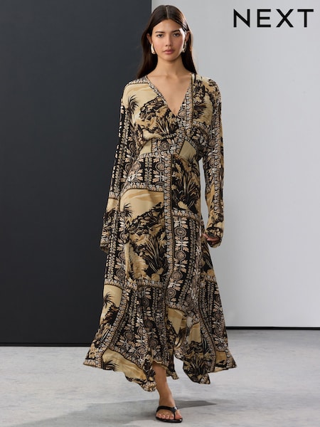 Brown Tile Print Asymmetric Kaftan Maxi Dress (AT3380) | 2,402 UAH