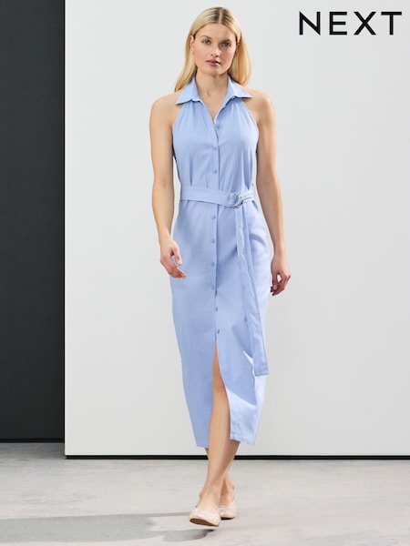 Light Blue Halterneck Collar Midi Shirt Linen Blend Dress (AT3384) | €75