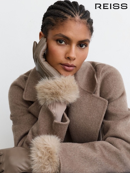 Taupe - Reiss Giovana Leather Faux-fur Cuff Gloves
