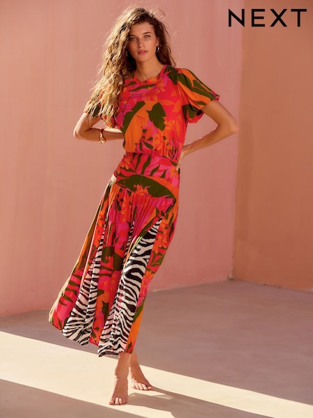 Red/Orange Floral with Mono Zebra Print Short Sleeve Crew Neck Spliced Midi Dress (AT3405) | €90.50