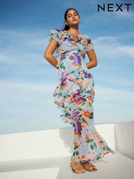 Blue Floral Short Sleeve Mesh Ruffle Maxi Dress (AT3406) | €78