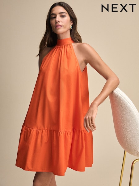 Orange - Neckholder-Minikleid mit Bindeband am Halsausschnitt, ärmellos, gestuft, 100 % Baumwolle (AT3407) | 52 €