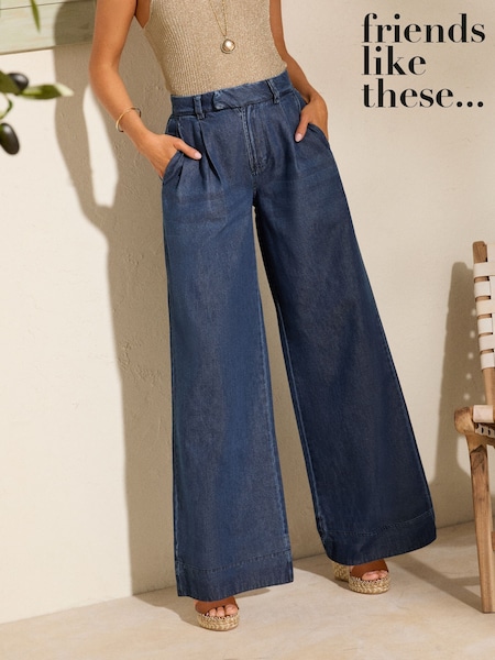 Friends Like These Dark Blue Pleat Front Wide Leg Jeans (AT3447) | AED256