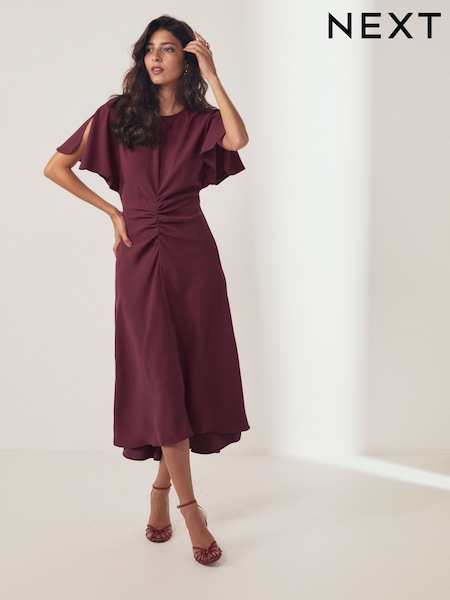 Burgundy Short Sleeve Ruched Midi Dress (AT3479) | $58