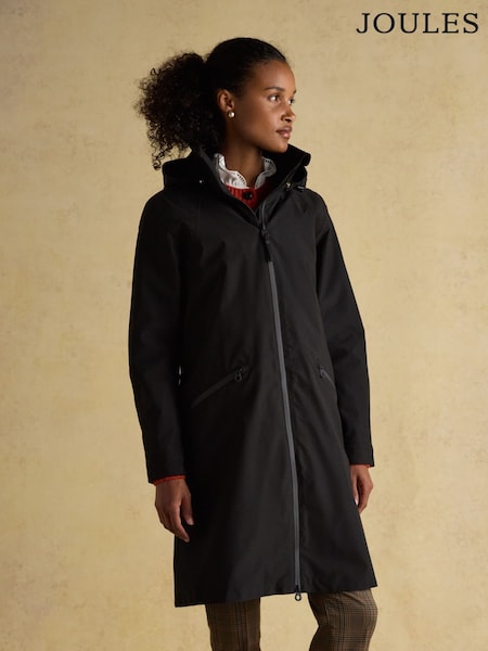Joules Rainaway Black Lightweight Waterproof Longline Raincoat with Hood (AT3598) | R$ 980
