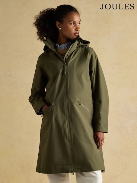 Joules Rainaway Green Lightweight Waterproof Longline Raincoat with Hood (AT3599) | R$ 980