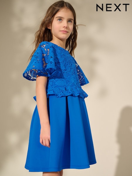 Cobalt Blue Lace Scuba Dress (3-16yrs) (AT3631) | €36 - €44