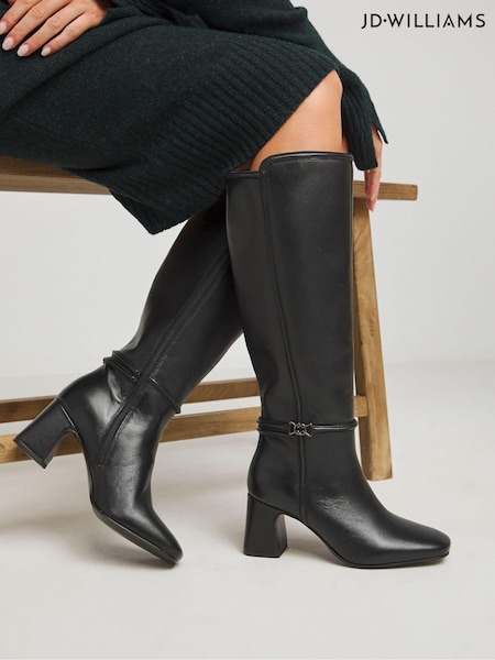 JD Williams Black Leather Knee High Heeled Boots With Ankle Trim In Extra Wide Fit Curvy Calf (AT3815) | €54