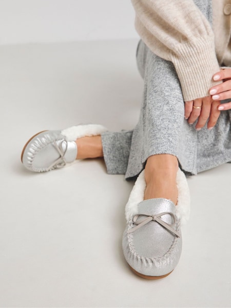 JD Williams Silver Classic Suede Moccasin Slippers In Extra Wide Fit (AT3823) | €22