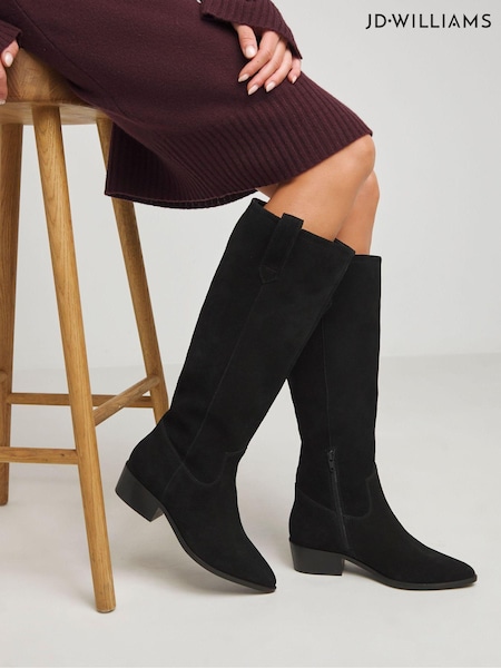 Negru - JD Williams Knee High Suede Cowboy Boots In Extra Wide Fit (AT3825) | 411 LEI