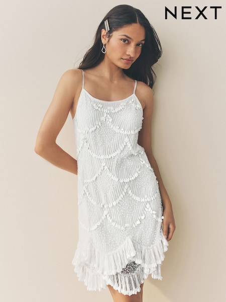 White Strappy Scalloped Sequin Mini Dress (AT3891) | €86