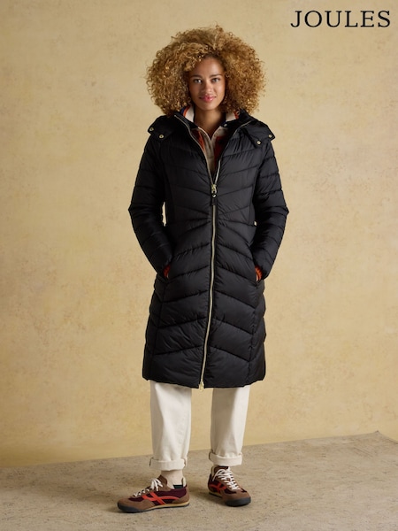 Preto - Joules Pembury Showerproof Longline Padded Coat with Hood (AT3908) | R$ 1.375